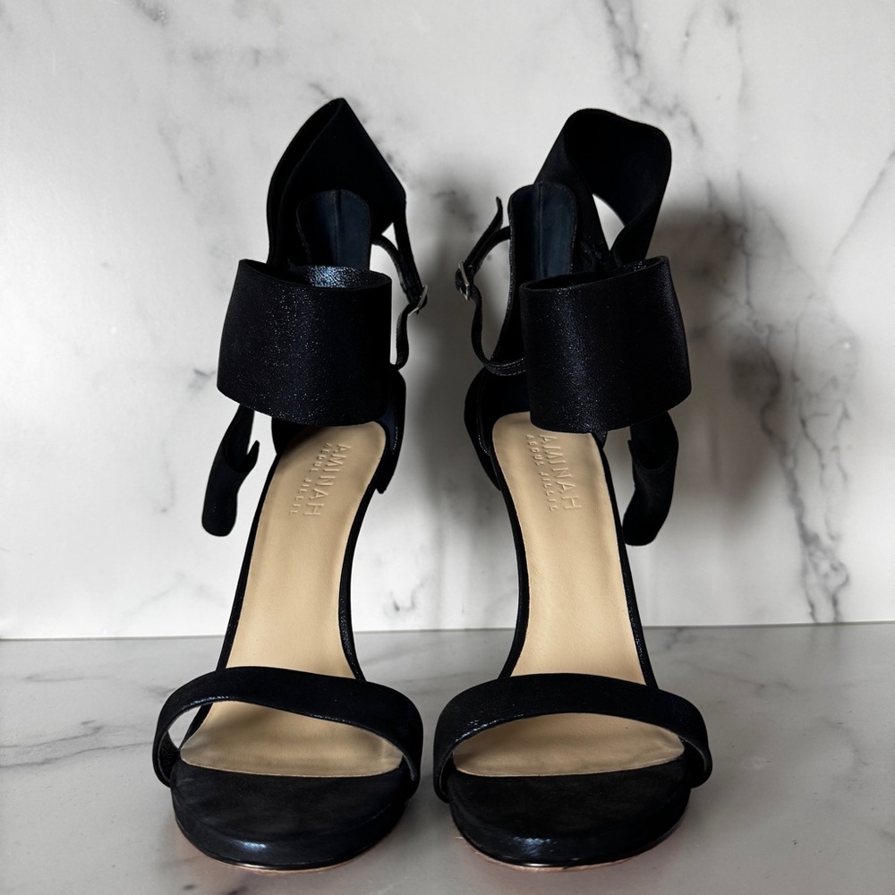Amina’s Abdul Jillil Navy Blue Metallic Glitter Bow Sandals Heels Size US 11 - Picture 9 of 13